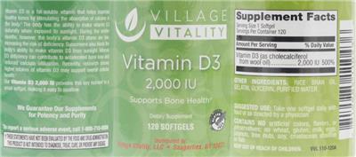 Photo of the Village Vitality Vitamin D3 2,000 IU label