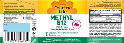 Photo of the Country Life Methyl B12 3000 mcg Berry Flavor label