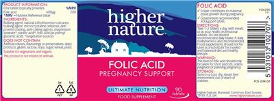 Photo of the Higher Nature Folic Acid label