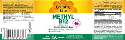 Photo of the Country Life Methyl B12 3000 mcg Berry Flavor label
