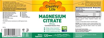 Photo of the Country Life Magnesium Citrate 250 mg label