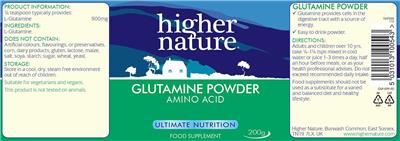 Photo of the Higher Nature Glutamine Powder label