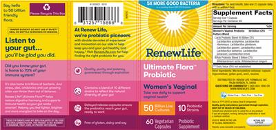 Photo of the Renew Life Ultimate Flora Probiotic Women's Vaginal 50 Billion label