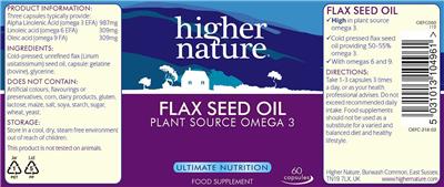 Photo of the Higher Nature Flax Seed Oil label