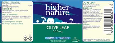 Photo of the Higher Nature Olive Leaf 500 mg label
