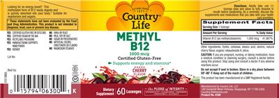 Photo of the Country Life Methyl B12 1000 mcg Cherry Flavor label