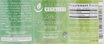 Photo of the Village Vitality Zinc Picolinate 30 mg label