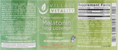 Photo of the Village Vitality Melatonin 1 mg Lozenge Natural Peppermint Flavor label