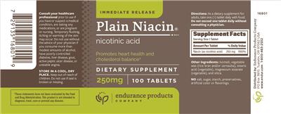 Photo of the Endurance Products Company Plain Niacin 250 mg label