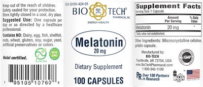 Photo of the Bio-Tech Pharmacal Melatonin 20 mg label