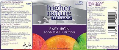 Photo of the Higher Nature True Food Easy Iron label
