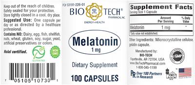Photo of the Bio-Tech Pharmacal Melatonin 1 mg label