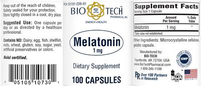 Photo of the Bio-Tech Pharmacal Melatonin 1 mg label