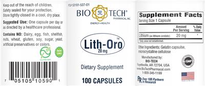 Photo of the Bio-Tech Pharmacal Lith-Oro 20 mg label