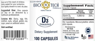Photo of the Bio-Tech Pharmacal D3 label