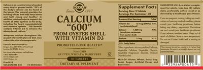 Photo of the Solgar Calcium "600" from Oyster Shell with Vitamin D3 label