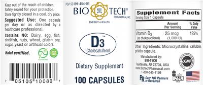 Photo of the Bio-Tech Pharmacal D3 label