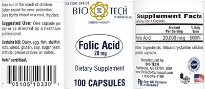 Photo of the Bio-Tech Pharmacal Folic Acid 20 mg label