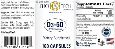 Photo of the Bio-Tech Pharmacal D3-50 label