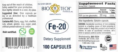 Photo of the Bio-Tech Pharmacal Fe-20 label
