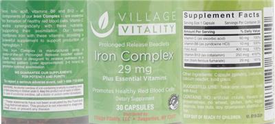 Photo of the Village Vitality Iron Complex 29 mg label