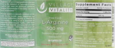 Photo of the Village Vitality L-Arginine 500 mg label