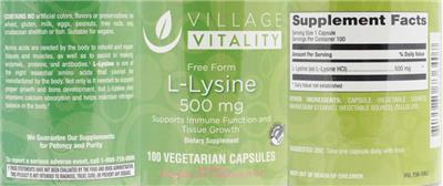 Photo of the Village Vitality L-Lysine 500 mg label