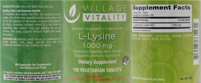 Photo of the Village Vitality L-Lysine 1,000 mg label