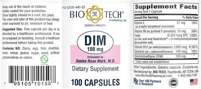 Photo of the Bio-Tech Pharmacal DIM 100 mg label