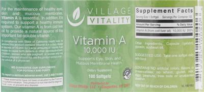 Photo of the Village Vitality Vitamin A 10,000 IU label