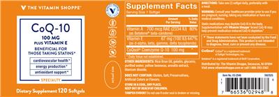 Photo of the The Vitamin Shoppe CoQ-10 100 mg Plus Vitamin E label