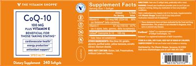 Photo of the The Vitamin Shoppe CoQ-10 100 mg Plus Vitamin E label