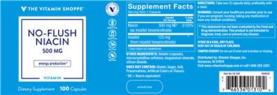 Photo of the The Vitamin Shoppe No-Flush Niacin 500 mg label