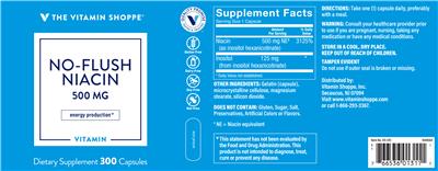 Photo of the The Vitamin Shoppe No-Flush Niacin 500 mg label