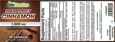 Photo of the tnvitamins High Potency Cinnamon 1,500 mg label