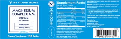 Photo of the The Vitamin Shoppe Magnesium Complex A.M. 500 mg label