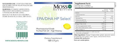 Photo of the Moss Nutrition EPA/DHA HP Select label