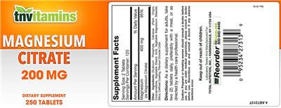 Photo of the tnvitamins Magnesium Citrate 200 mg label