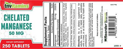 Photo of the tnvitamins Chelated Manganese 50 mg label