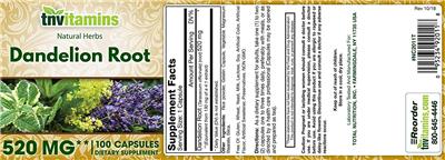 Photo of the tnvitamins Dandelion Root 520 mg label