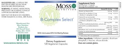 Photo of the Moss Nutrition B-Complex Select label