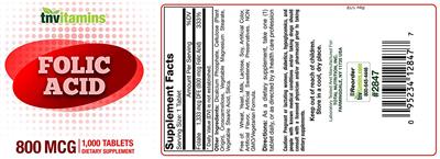 Photo of the tnvitamins Folic Acid 800 mcg label
