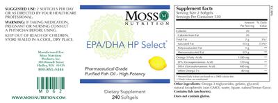 Photo of the Moss Nutrition EPA/DHA HP Select label