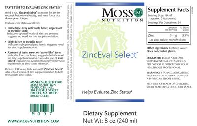 Photo of the Moss Nutrition ZincEval Select label