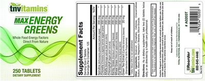 Photo of the tnvitamins Max Energy Greens label