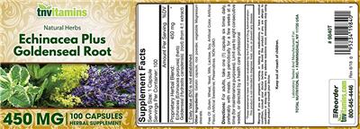 Photo of the tnvitamins Echinacea plus Goldenseal Root 450 mg label