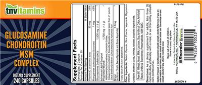 Photo of the tnvitamins Glucosamine Chondroitin MSM Complex label