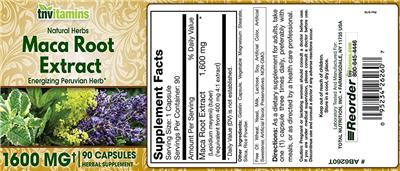 Photo of the tnvitamins Maca Root Extract 1600 mg label