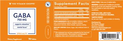 Photo of the The Vitamin Shoppe GABA 750 mg label