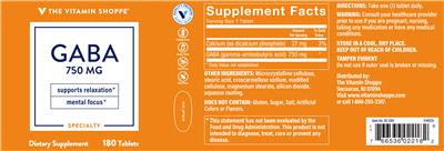 Photo of the The Vitamin Shoppe GABA 750 mg label